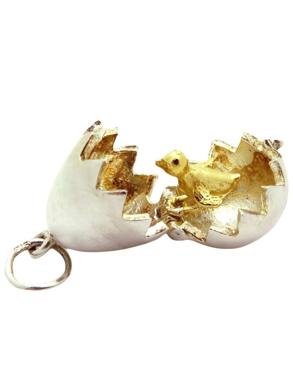 Vintage Sterling Silver 3D Easter Egg Charm/Pendant with Movable Golden Chick